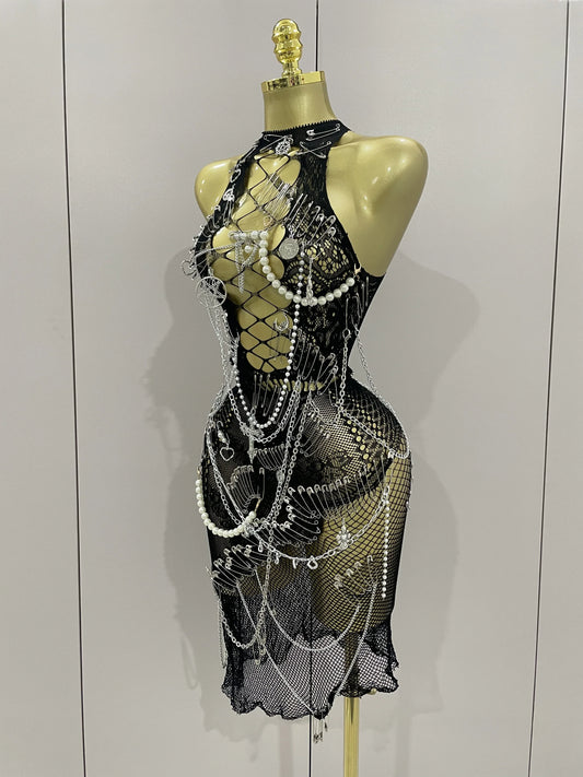 Sexy Black See-Through Pin Decoration Chain Beading Short Dress Women Birthday Evening Party Nightclub Performance Costume