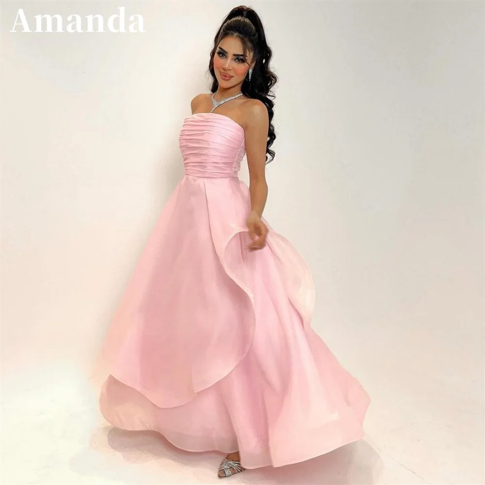 Amanda Strapless Organza فساتين السهرة Light Pink A-line Floor Lenght Prom Dress 2023 Sexy Sleeveless Crimping Prom Gown