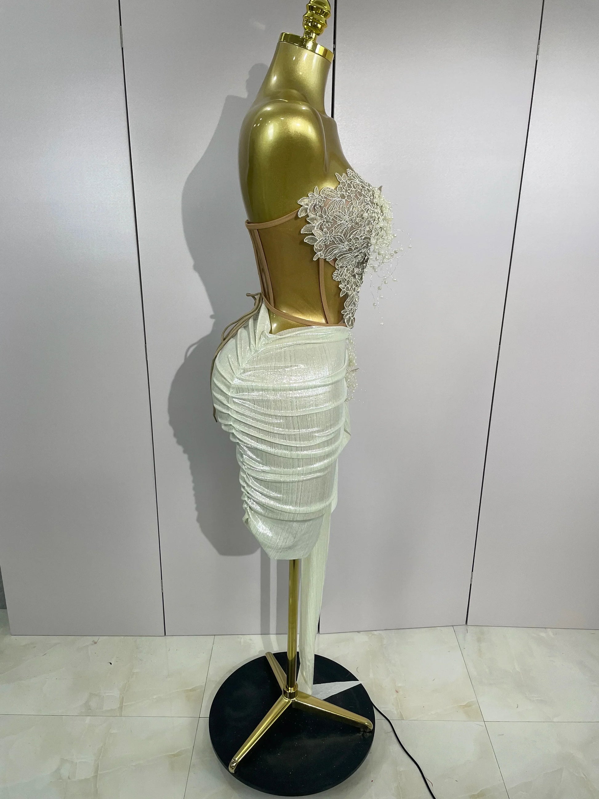 Luxury Shining Pearls Sexy Asymmetrical Skirt 2 PCS Set Women Evening Birthday Party Stage Dancer Performance Costume