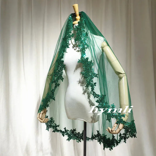 Single-Layer Dark Green Veil Sequin Lace Appliqué & Metal Comb, Personalized Choice – Distinctive Wedding Style
