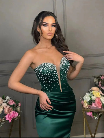 Handmade Dark Green Pearl Satin Strapless Mermaid Floor-Length Evening Dress As Picture