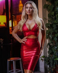 Gold Red Foil Color Women Sexy Halter V-Neck Bodycon Tops Bandage Pencil Skirts Set Nightclub Party Celebrate Women's Set