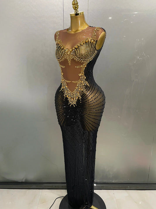 Sexy Sparkly Rhinestones Sleeveless Long Dress Women Birthday Celebrate Evening Photo Shoot Stage Performance Costume