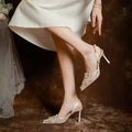 Luxury Pearls Rhinestones Satin Air Mesh Women Pumps Summer Elegant Pointed toe Slingbacks Thin High heels Wedding Party Shoes