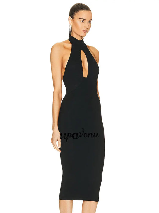 Sexy Women Hanging Neck Sleeveless Bandage Dress Bodycon Off Back Knee Black Dress Celebrity Cocktail Evening Party Vestido