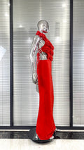 Red Color Women Sexy Halter Florals Backless Off the Shoulder Bodycon Long Dress Celebrate Nightclub Party Birthday Outfit