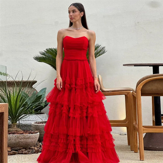 Elegant Red Tulle Prom Dress A-Line Strapless Tiered Ruffles Floor Length Evening Dress vestido para eventos especiale Red