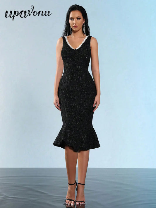 Elegant Women's Nail Bead Design Fishtail Dress V-neck Sleeveless Bodycon Flute Dresses Cocktail Evening Party Vestidos