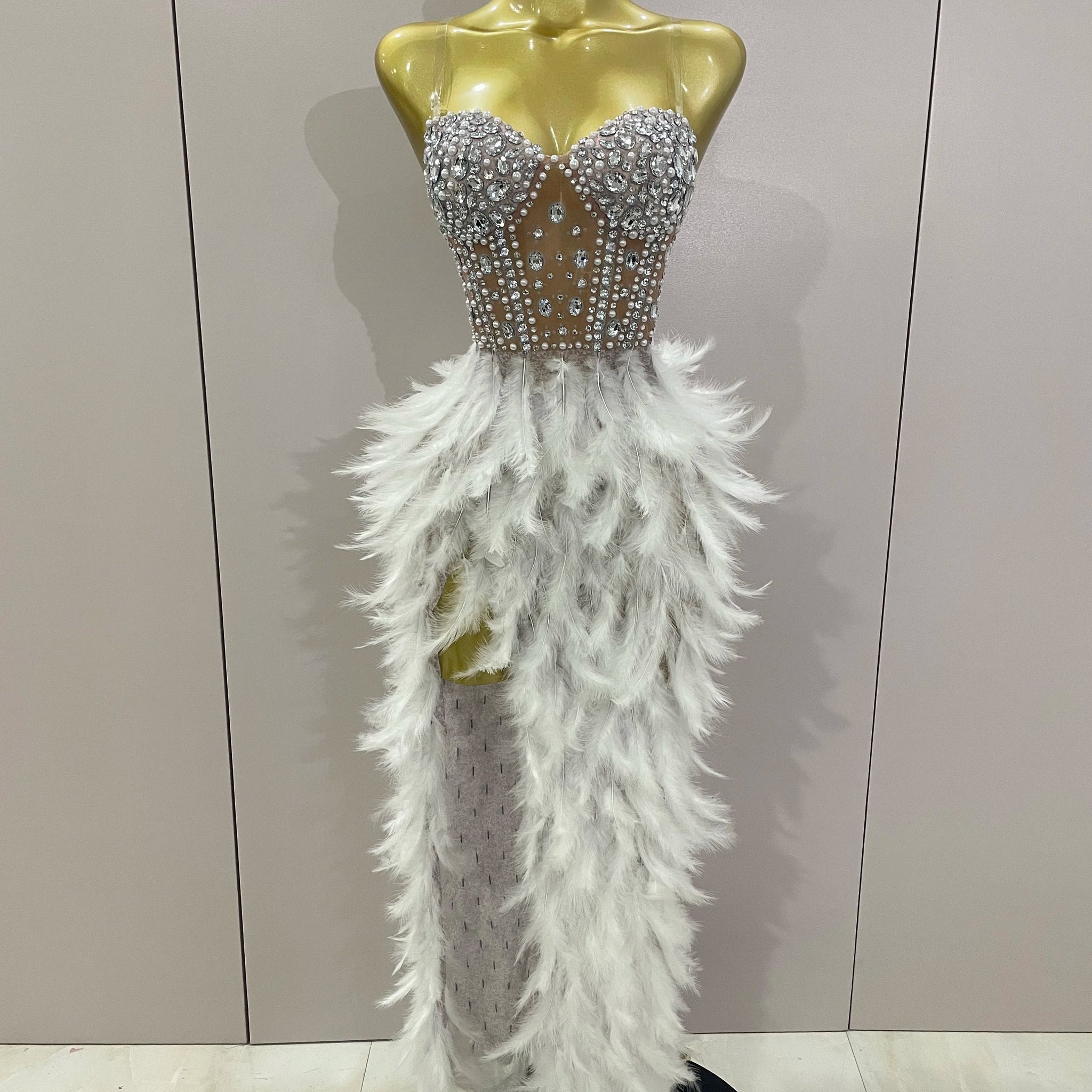 Luxury Sparkle Rhinestone White Feather Sexy Mesh Long Dress Women Evening Party Birthday Performance Photoshoot Costume Silver