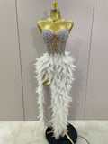 Luxury Sparkle Rhinestone White Feather Sexy Mesh Long Dress Women Evening Party Birthday Performance Photoshoot Costume Silver