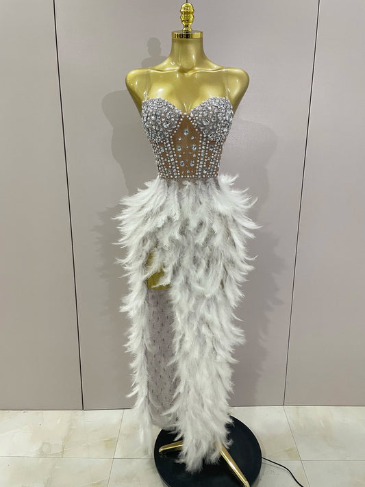 Luxury Sparkle Rhinestone White Feather Sexy Mesh Long Dress Women Evening Party Birthday Performance Photoshoot Costume Silver
