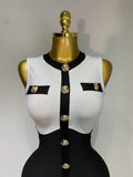 Arrivals Fashionable Women Bandage Golden Buttons White Black Patchwork Sleeveless Bodycon Elegant Party Dresses