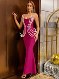 Luxury Pearl Geometric Design Strapless Package Hips Bandage Long Dress Elegant Woman Party Dress Celebrity Party Vestido Rose Red