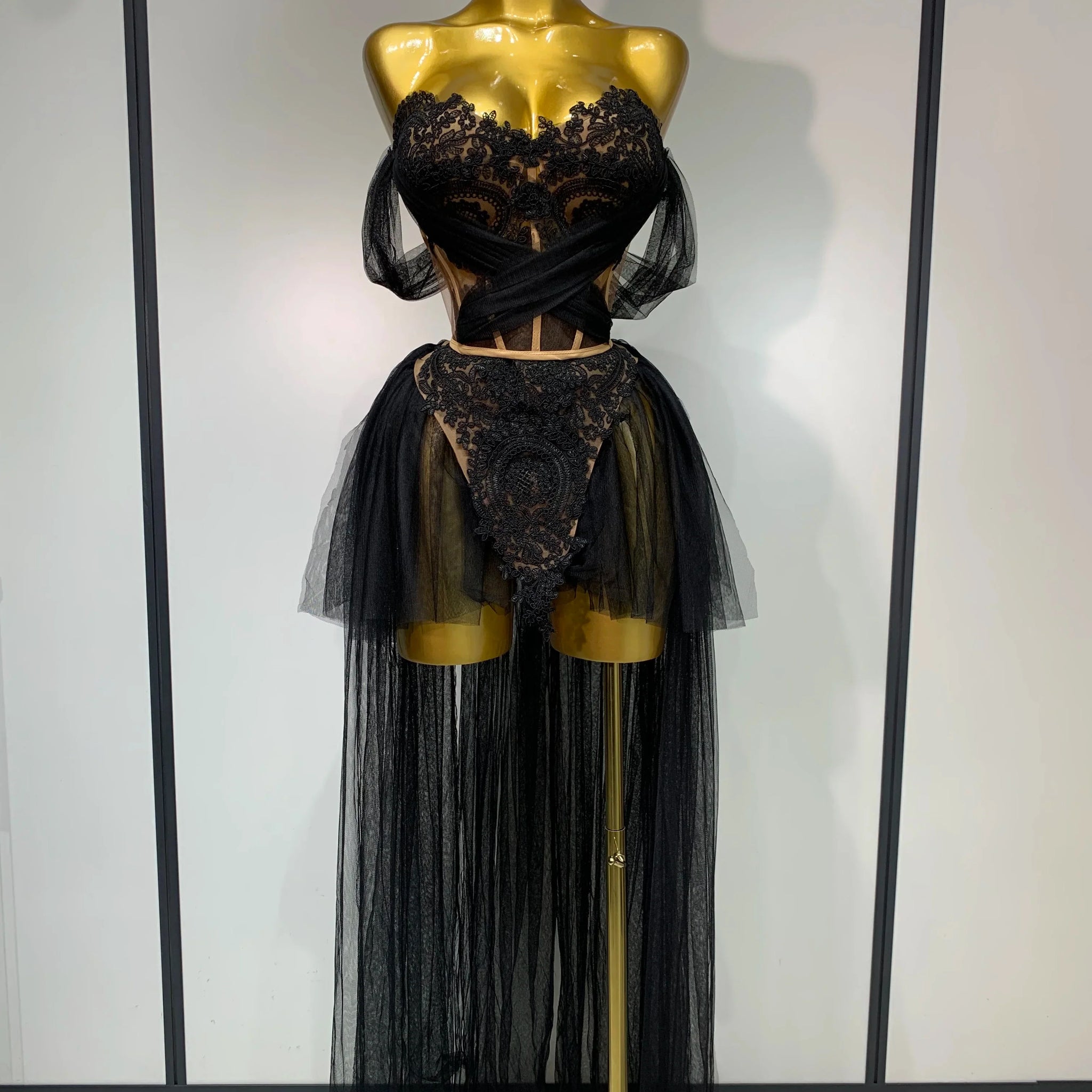 New Arrived Sexy Cute Mesh Tops Skirt 2 PCS Set Women Celebrate Party Birthday Nightclub Performance Stage Show Outfit black