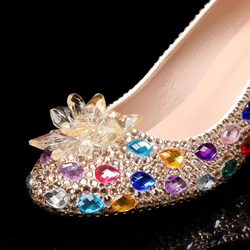 Luxury Colorful Rhinestones Wedding Women Pumps Fashion Round toe Crystal Flowers Bridal Party High heels Elegant Banquet Shoes