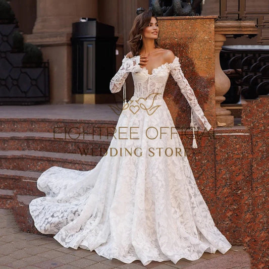 Elegant A-Line Wedding Dresses Sweetheart Long Sleeves Appliques Bridal Dress Formal Wedding Ball Prom Gowns Customized