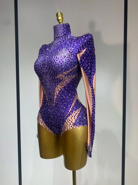 High Quality Luxury Rhinestone Elastic Long Sleeved Bodysuit Club Singer Dancer Stage Performa Costume Evening Party Outfit