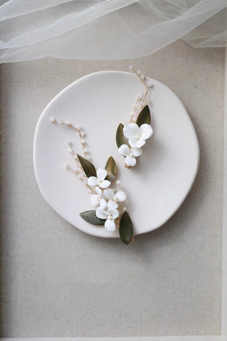 Wedding Accessories Vintage Gold Color Hair Clip Pin Pearl Hairpin For Brides Leaf Porcelain flower Head Piece Bridal Jewelry