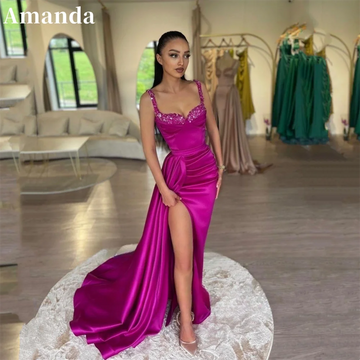 Amanda Hot Pink Trumpet فساتين السهرة Sexy Sequins Chest Fishtail Prom Dress 2023 Silk Mermaid Side High Split Prom Gown