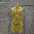 Women Sleeveless Sexy Off the Shoulder Shinning Crystal Bodycon Mini Dress Mesh See Through Celebrate Nightclub Party Stage Wear Yellow