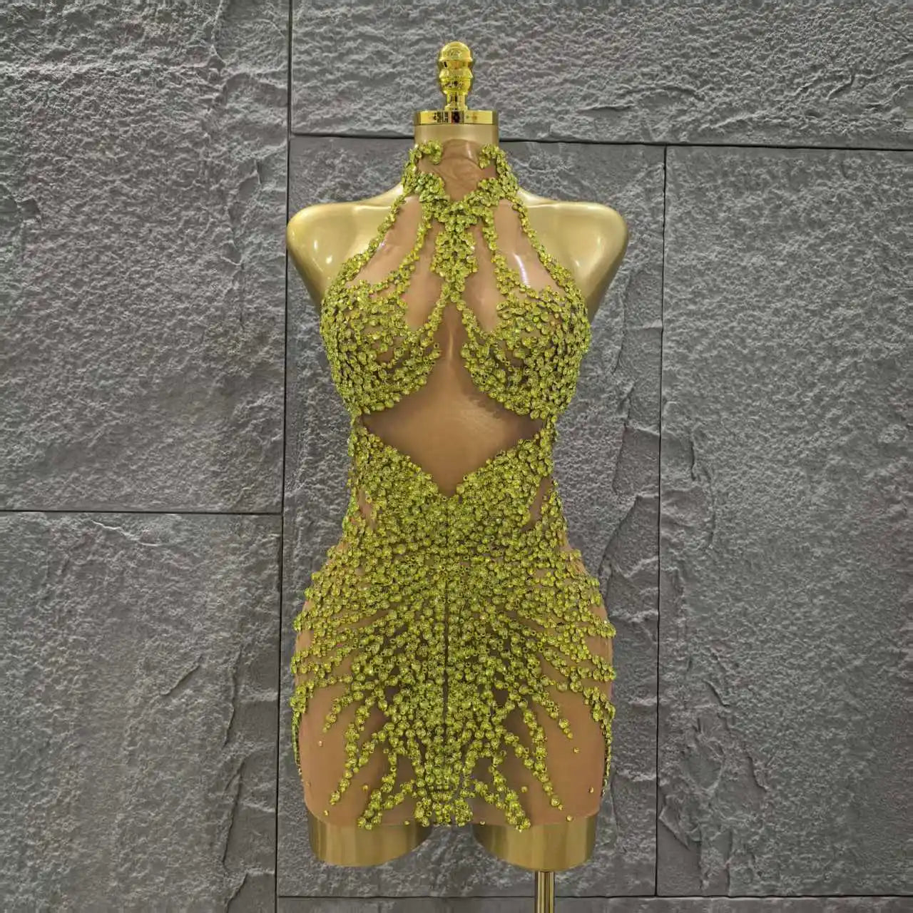 Women Sleeveless Sexy Off the Shoulder Shinning Crystal Bodycon Mini Dress Mesh See Through Celebrate Nightclub Party Stage Wear Yellow