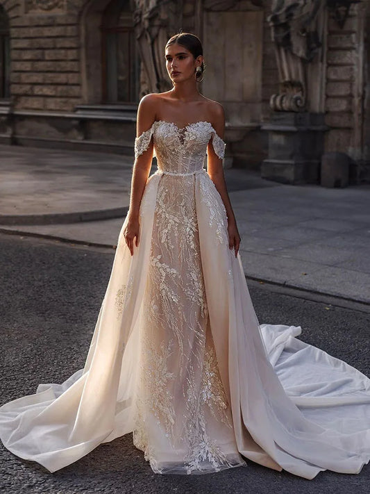 Luxury Wedding Gowns Sequin Lace Appliques Ivory Corset Bride Dress With Detachable Train Women Wedding Dresses