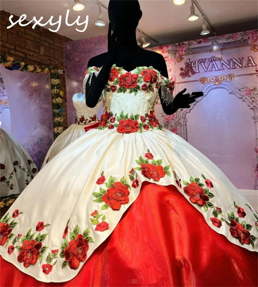 White And Red Charro Quinceanera Dresses With 3D Florals Off Shoulder Tassel Appliques Mexican Vestido De 15 Años Customized