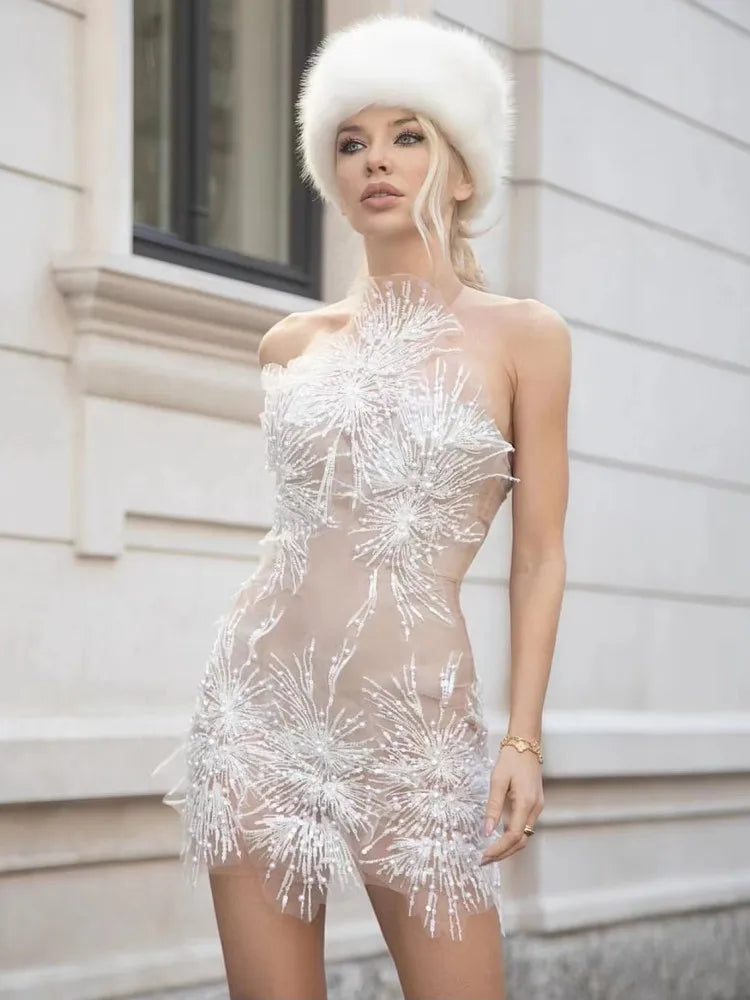 Spring Women Sleeveless Sexy Off the Shoulder Beading Sequins Bodycon Mini Dress Celebrate Fashion Nightclub Party Dress WHITE