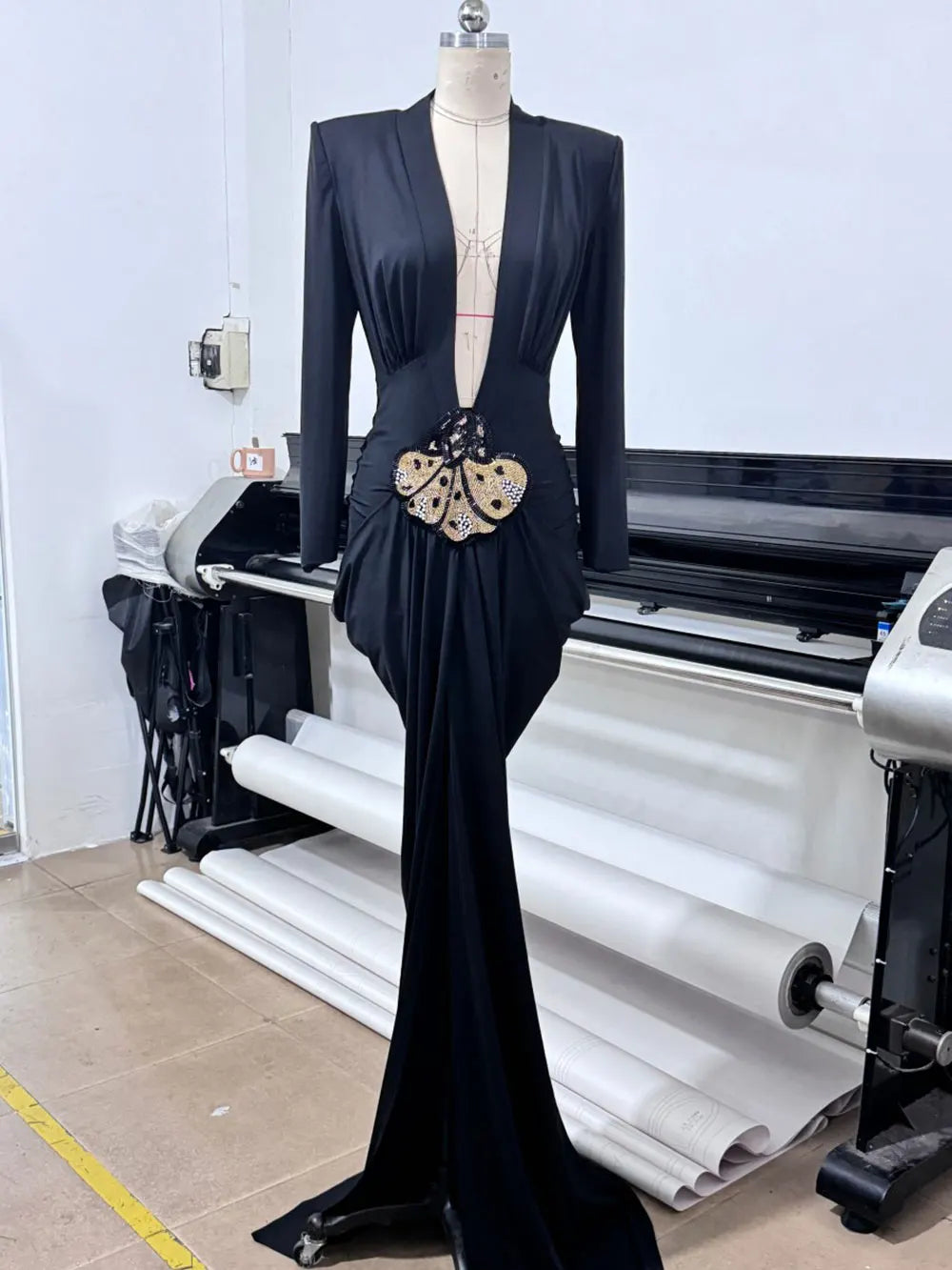 Sexy Women's Light Luxury Maxi Dress Deep V-neck Long Sleeve Three Dimensional Beaded sequin Design Bodycon and Floor Dress