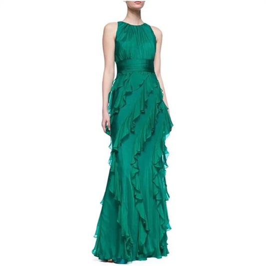 Green Chiffon Prom Dresses O-Neck Edge Curl Mermaid Wedding Dress Elegant Sleeveless Floor-Length Vestidos De Fiesta As Picture