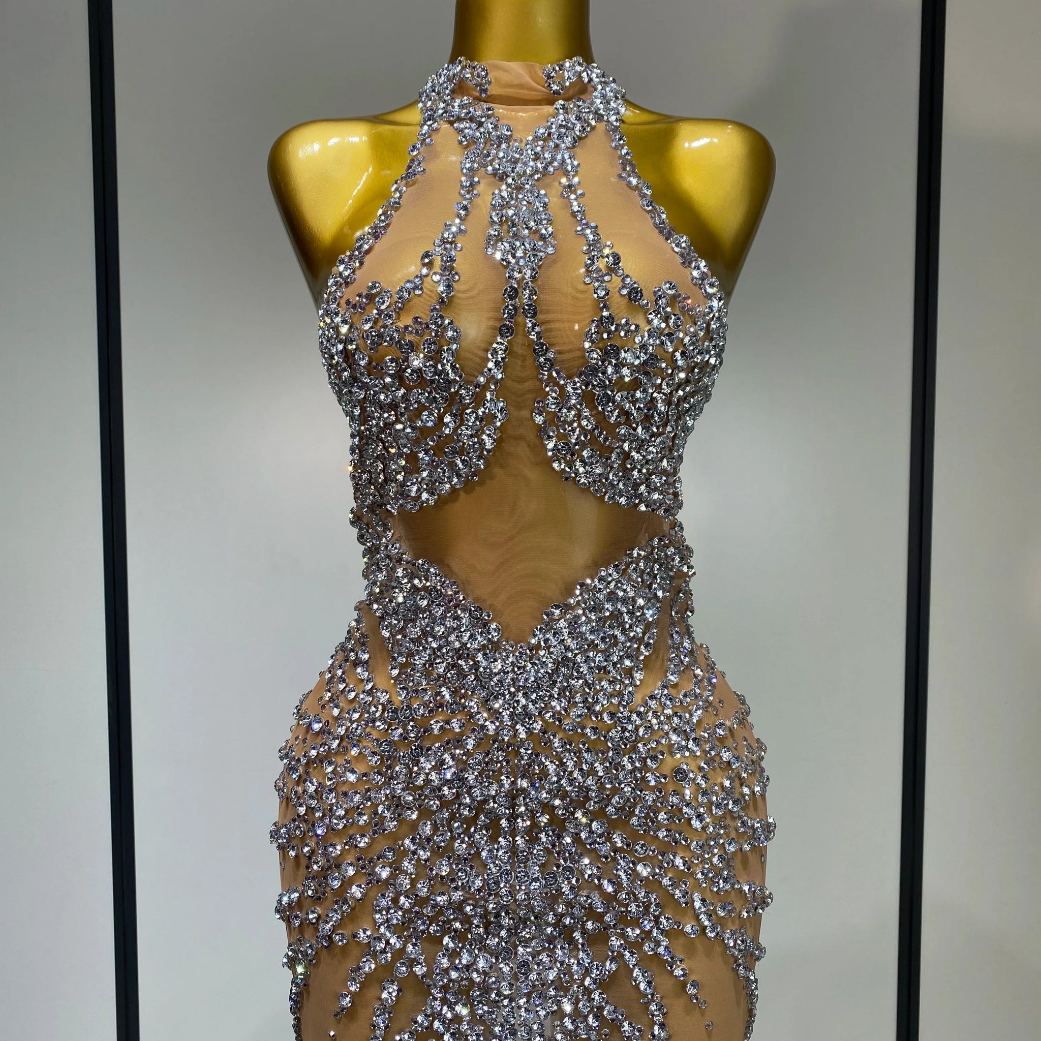 Luxury Rhinestones Mesh Transparent Prom Mini Dress Shinny Women Birthday Celebrate Party Prom Nightclub Outfit Stage Costume Silver