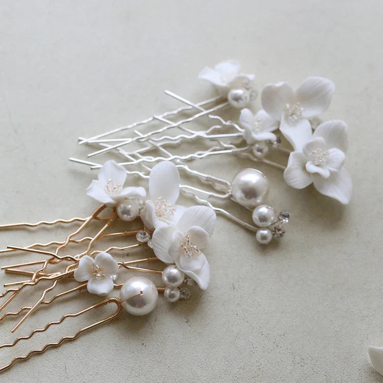 Porcelain Flower Hairpin Gold Silver Color Hair Pin Clip Women Bride Crystal Pearl Head Piece Bridal Jewelry Wedding Accessories