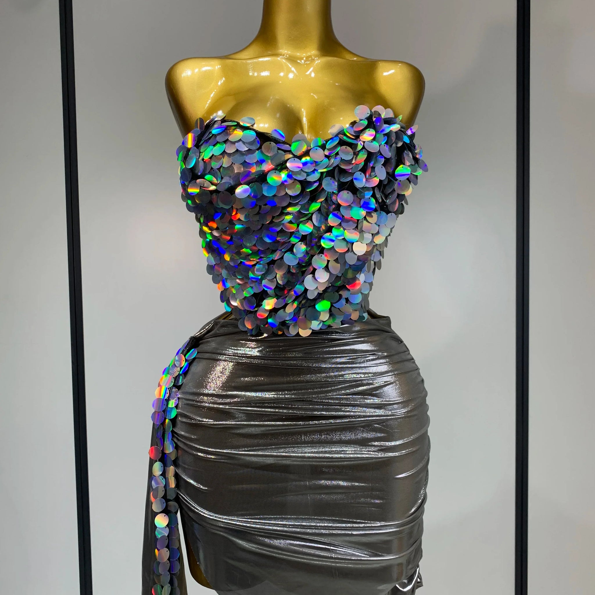 Women Sexy Strapless Sequin Glitter Two Pieces Set Celebirty Elegant Luxury Birthday Evening Party Nightclub Singer Stage Outfit Silver