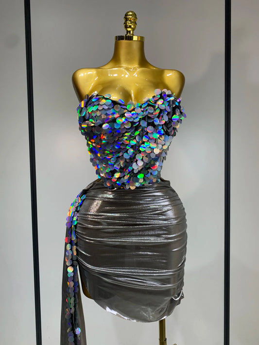 Women Sexy Strapless Sequin Glitter Two Pieces Set Celebirty Elegant Luxury Birthday Evening Party Nightclub Singer Stage Outfit Silver
