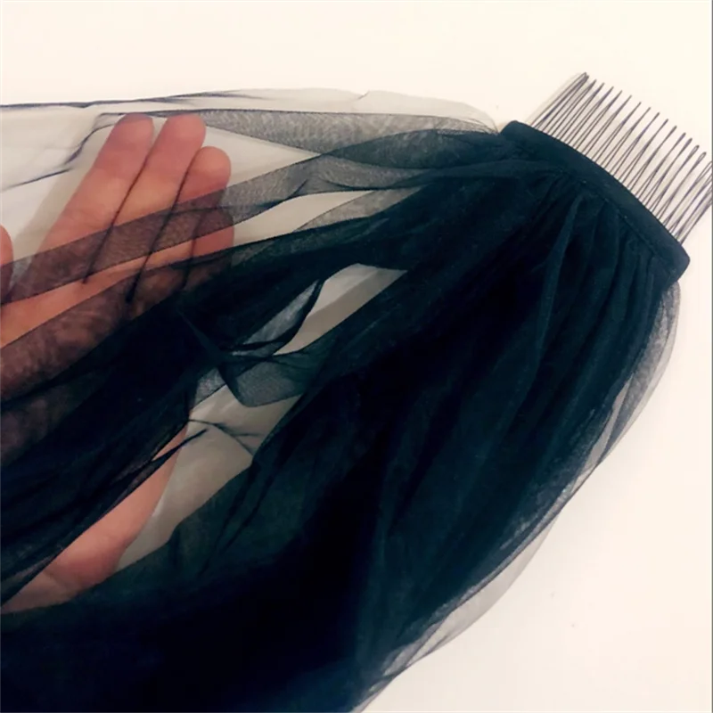 Simple Black 1 Layer Chapel Length Bridal Veil Cut Edge with Metal Comb Soft Tulle