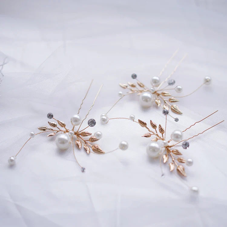 Rhinestones Pearl Hair Pin Clip Leaf Hairpin For Brides Women Gold Silver Color Head Piece Wedding Accessories Bridal Jewelry