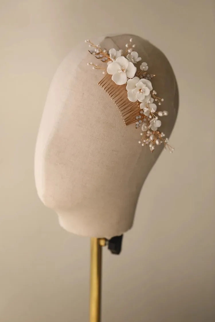 Wedding Accessories Porcelain Flower Hairpin Gold Color Head Piece Pearl Hair Combs Clip For Brides Birthday Gift Bridal Jewelry