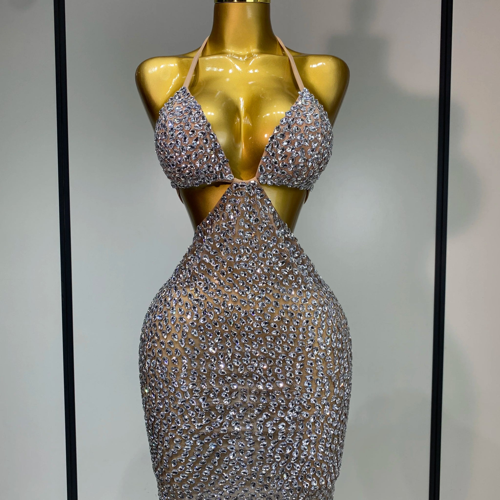 Sparkly Luxury Crystal Rhinestones Sexy Backless Bodycon Dress Women Singer Stage Outfit Celebrity Elegant Birthday Costume Silver