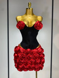 Women Sexy Backless Sleeveless 3D Flower Strapless Two Piece Set Celebirty Elegant Evening Club Party Luxury Birthday Gown Red