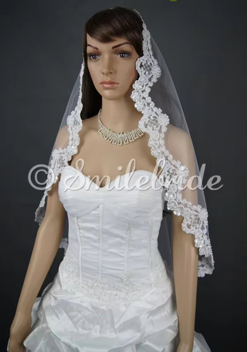 Handmade Beading Wedding Veil 1 Layer Fingertip Veil Lace Bridal Veil