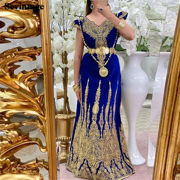Royal Blue Velvet Mermaid Evening Dress Algerian Badranne Lace Applique Muslim Formal Prom Gown Vestidos De Gala