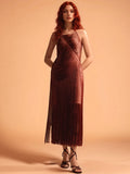 2025 Spring Sexy Women's Tassel Bandage Dress Hanging Neck Sleeveless Bodycon Backless Long Dresses Evening Club Party Vestidos Brown