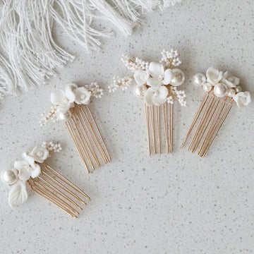 Bridal Jewelry Imitation Pearl Hair Comb Pin Porcelain Flower Head Piece Brides Gold Silver Color Hairpin Wedding Accessories gold color