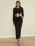 Spring Women's Open Waist Design Black Bandage Dresses O-Neck Long Sleeve Bodycon Long Dress Evening Club Party Vestidos