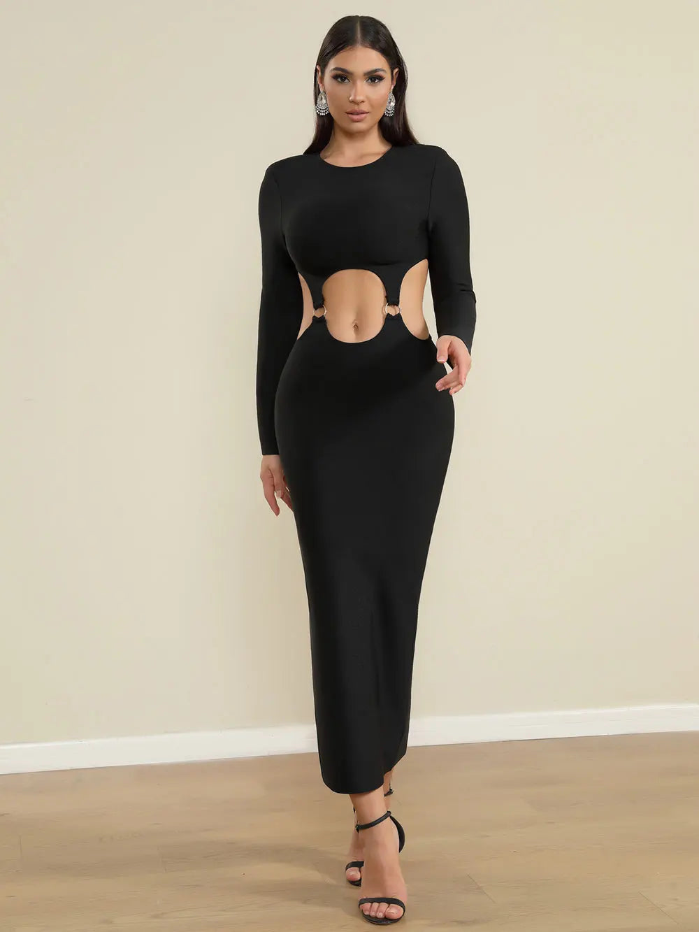 Spring Women's Open Waist Design Black Bandage Dresses O-Neck Long Sleeve Bodycon Long Dress Evening Club Party Vestidos