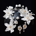 Pearl Head Piece White Flower Floral Hairpins For Brides Women Hair Pins Clips Earrings Set Wedding Accessories Bridal Jewelry