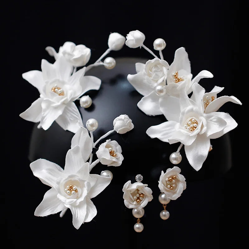Pearl Head Piece White Flower Floral Hairpins For Brides Women Hair Pins Clips Earrings Set Wedding Accessories Bridal Jewelry