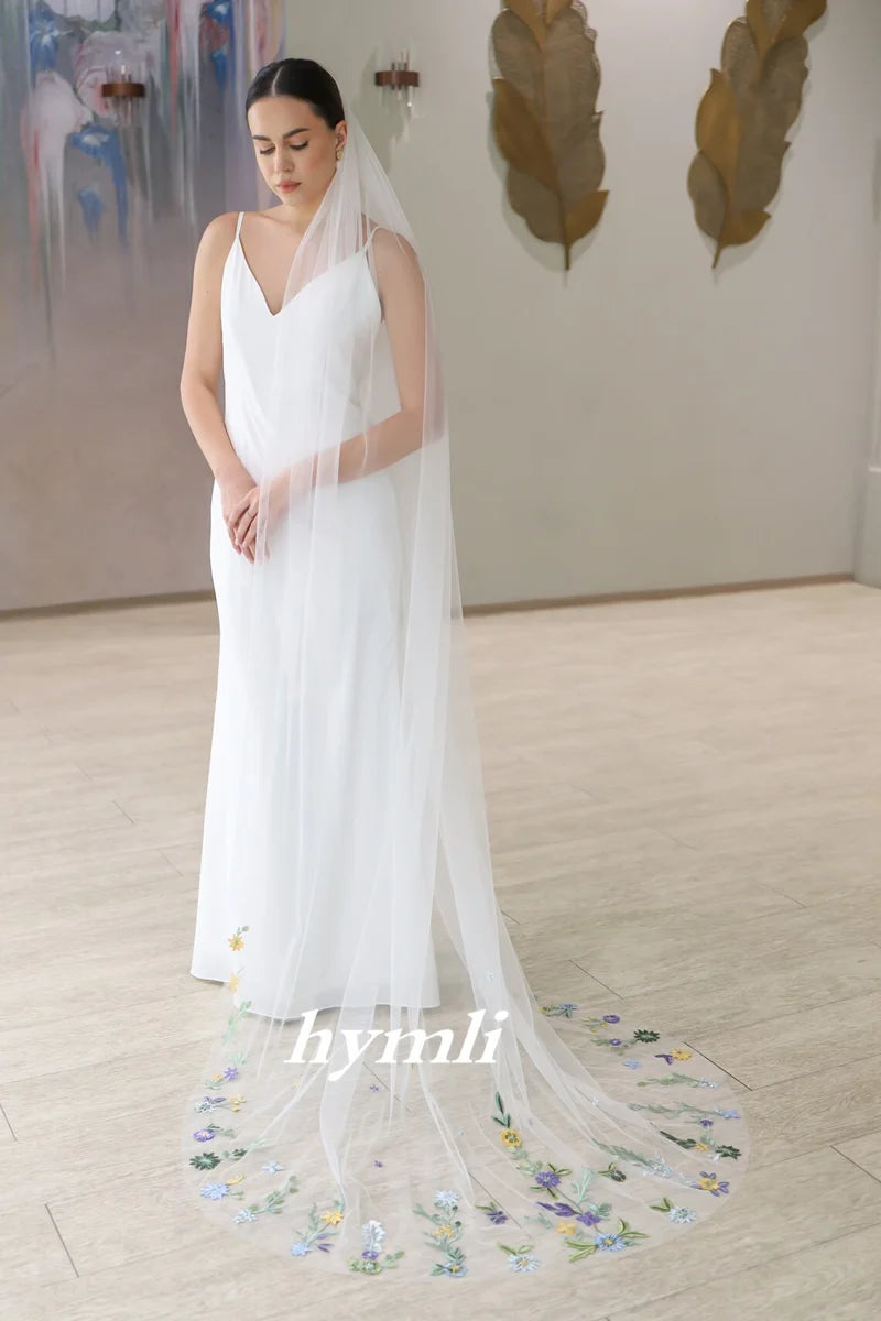 Flower Embroidered Bridal Veil Lace Floral Wedding Veil Fingertip Length Wildflower Veil with Metal Comp