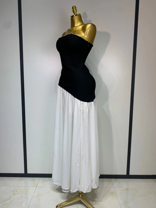 Sexy Strapless Backless Patchwork Maxi Long Bodycon Bandage Dress Celebrity Elegant Evening Party Luxury Birthday Dress