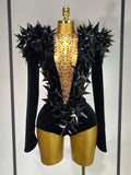 Women Sparkly Gold Rhinestone Black Velvet Long Sleeve Bodysuit Evening Party Club Gala Hosts Night Club Bar Stage Costumes black